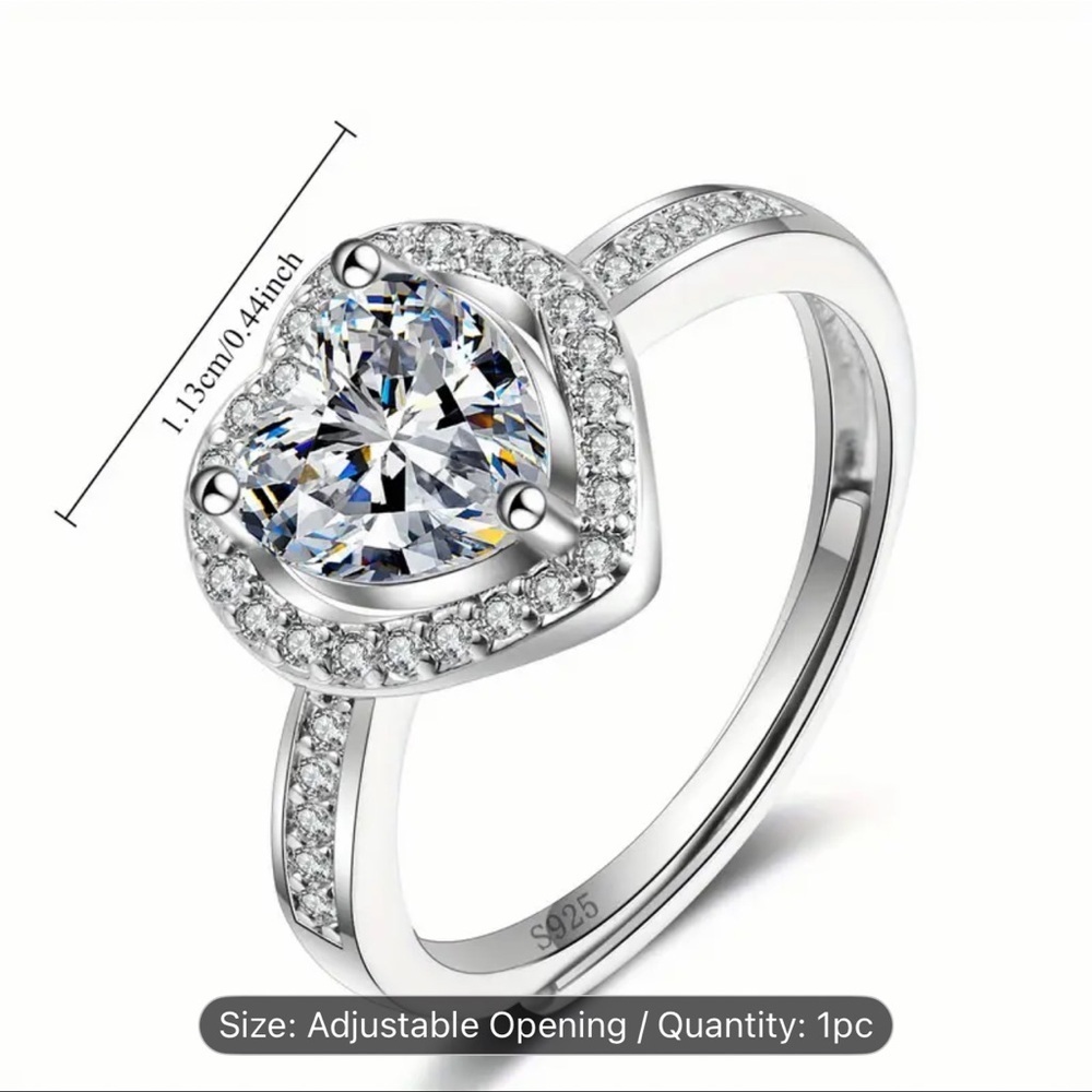 Silver Heart Cut Stone Ring with Pave Detailing Adjustable - Picture 7 of 14